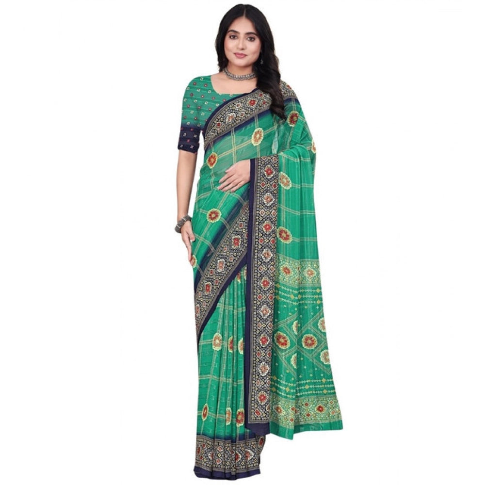Art silk printed green saree with unstitched blouse, vibrant design on display for women's fashion