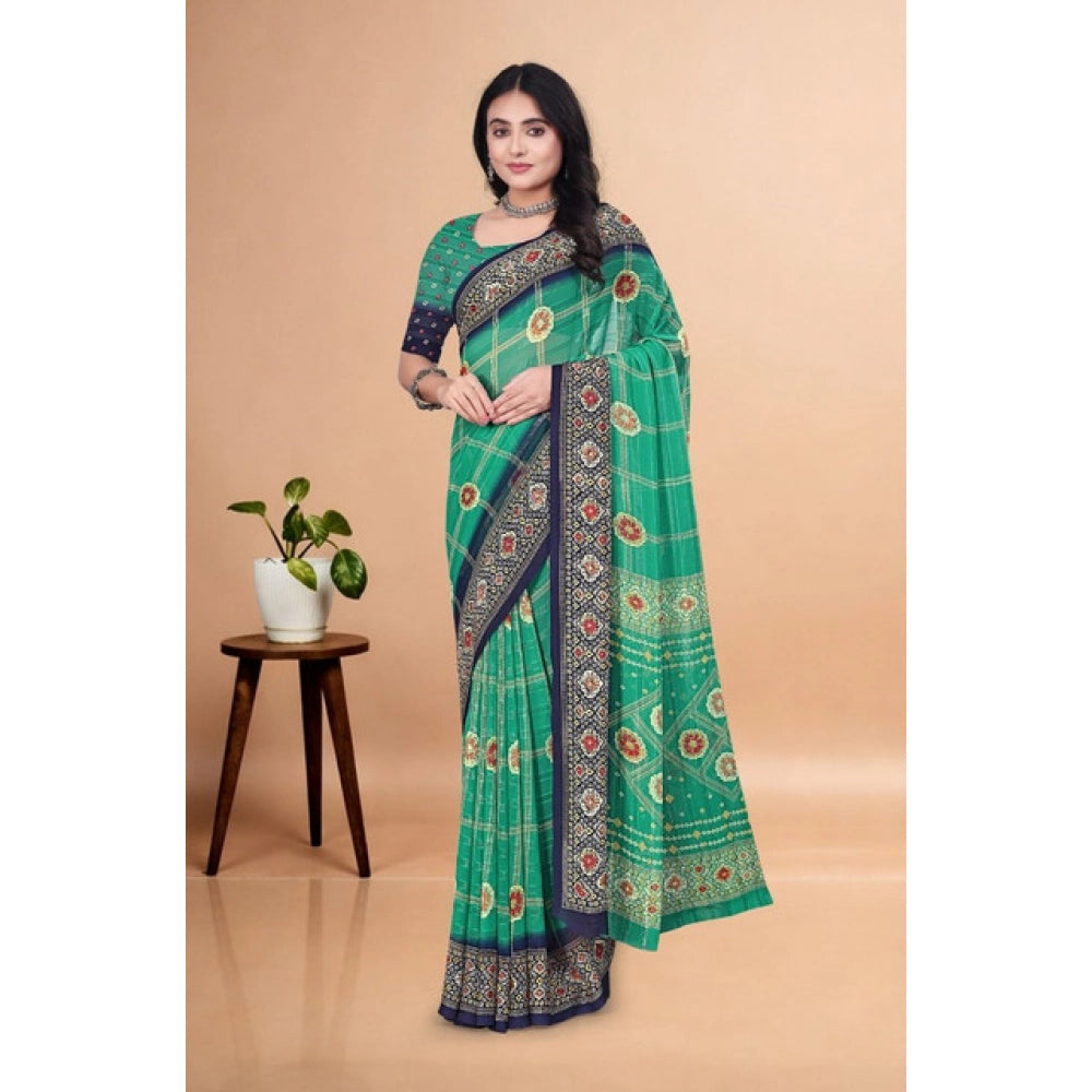 Green art silk printed saree with unstitched blouse (5.5Mtr) on model