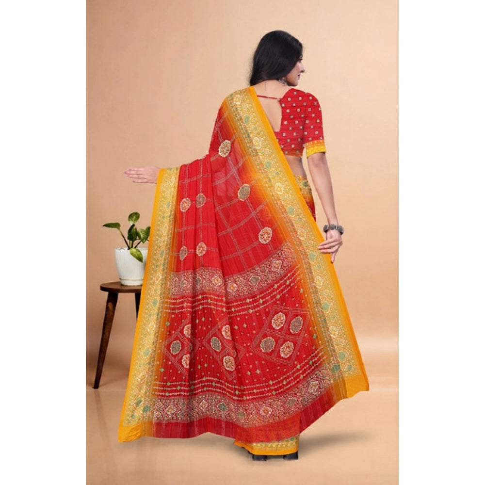 Red art silk printed saree with unstitched blouse (5.5Mtr) on model