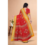 Red art silk printed saree with unstitched blouse (5.5Mtr) on model