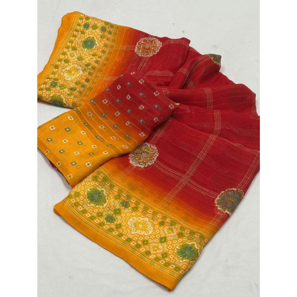 Red art silk printed saree with unstitched blouse (5.5mtr) on model