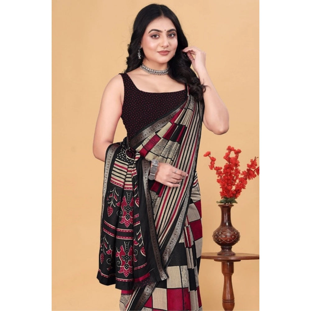 Multicolor dupion silk block-printed saree with unstitched blouse, vibrant women's traditional wear on display