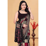Multicolor dupion silk block-printed saree with unstitched blouse, vibrant women's traditional wear on display