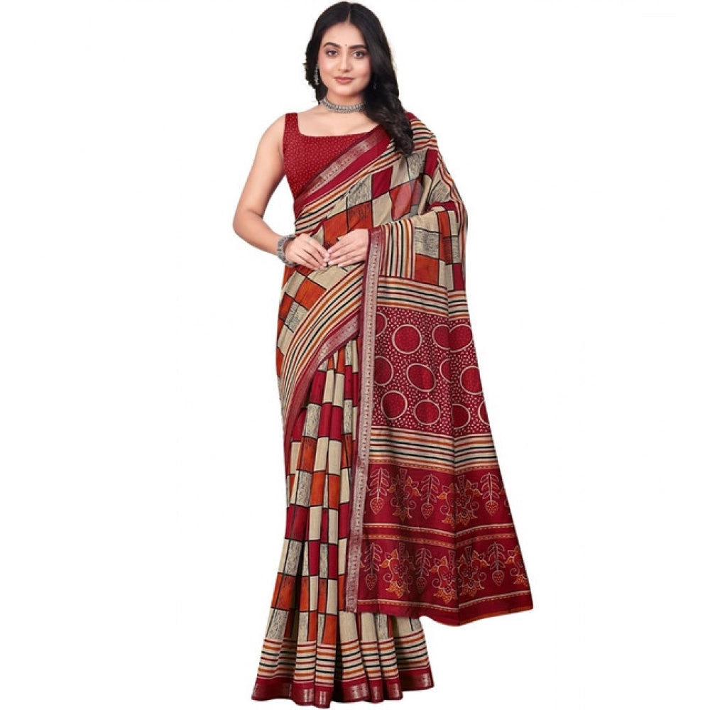 Multicolor dupion silk block-printed saree with unstitched blouse (5.5Mtr), women's ethnic wear on mannequin