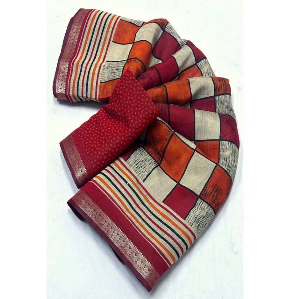 Multicolor block-printed dupion silk saree with unstitched blouse (5.5mtr), fashionable Indian wear on hanger