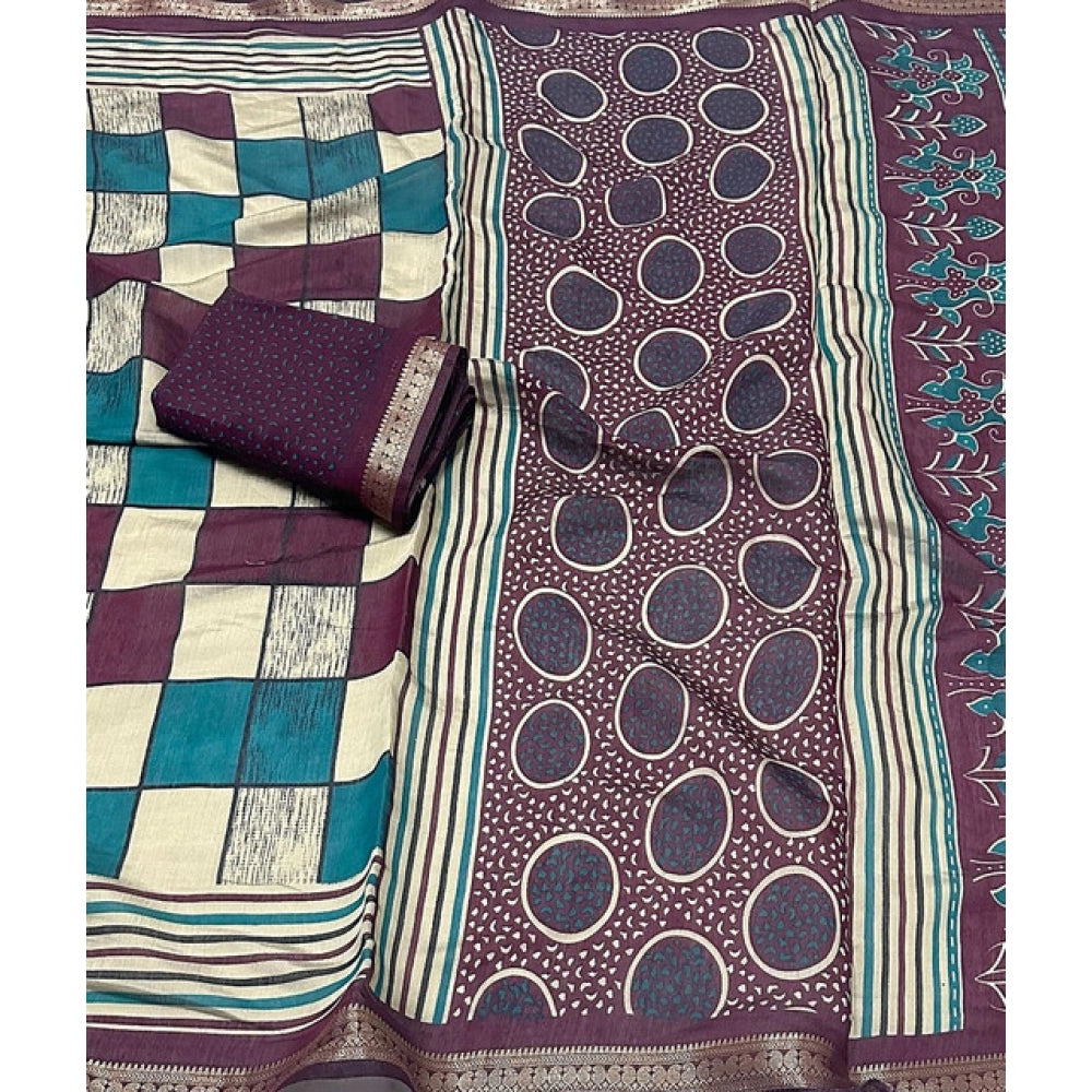 Multicolor dupion silk block-printed saree with unstitched blouse, vibrant Indian women's fashion accessory on display