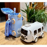 { "alt_text": "Multicolor plastic bus shape water bottle for kids, leak-proof reusable tumbler with shoulder strap" }