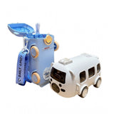{ "alt_text": "Multicolor plastic bus shape water bottle for kids, leak-proof reusable tumbler with shoulder strap" }