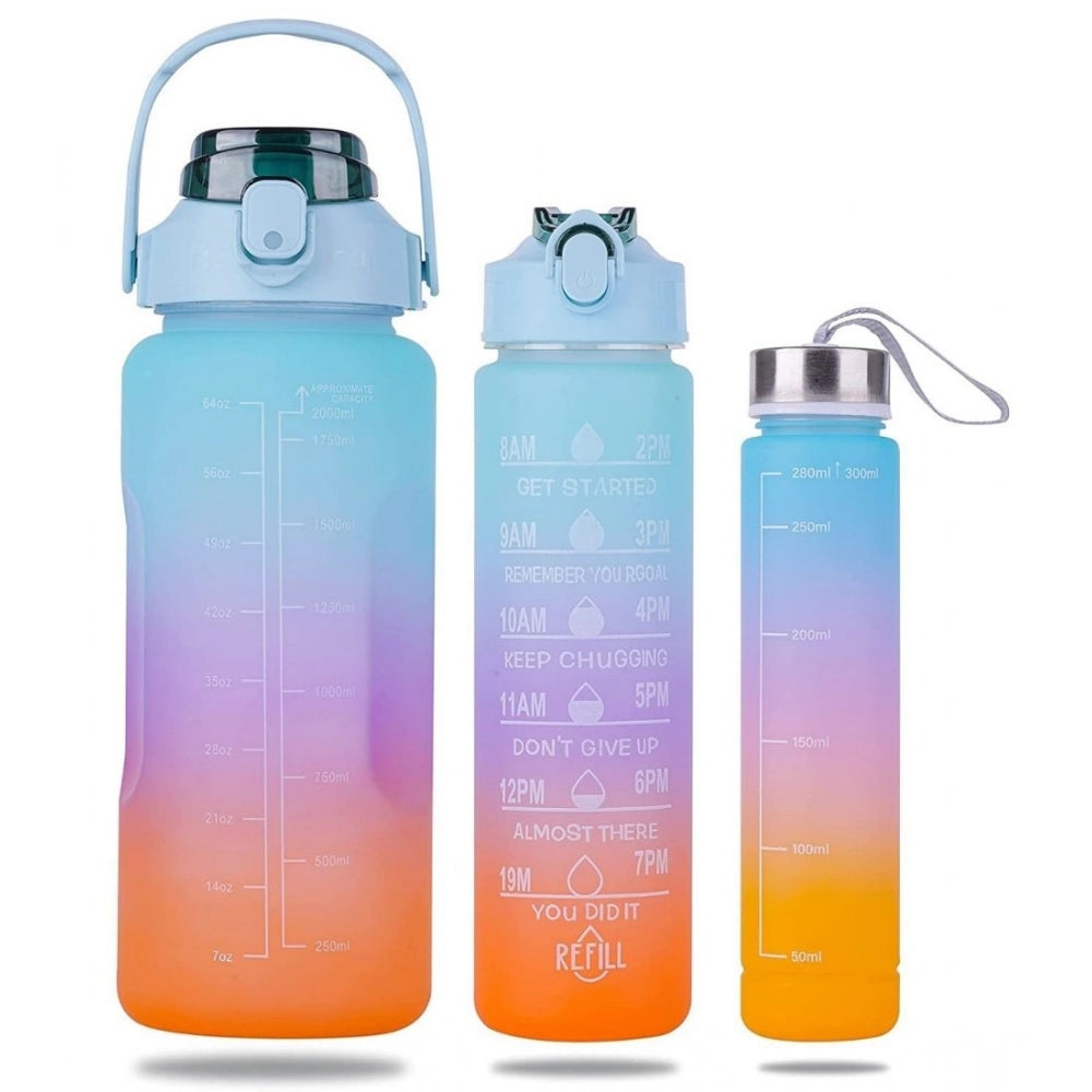 { "alt_text": "Multicolor Tritan gym water bottles set of 3, leakproof hydration tracker with time marker for workout" }