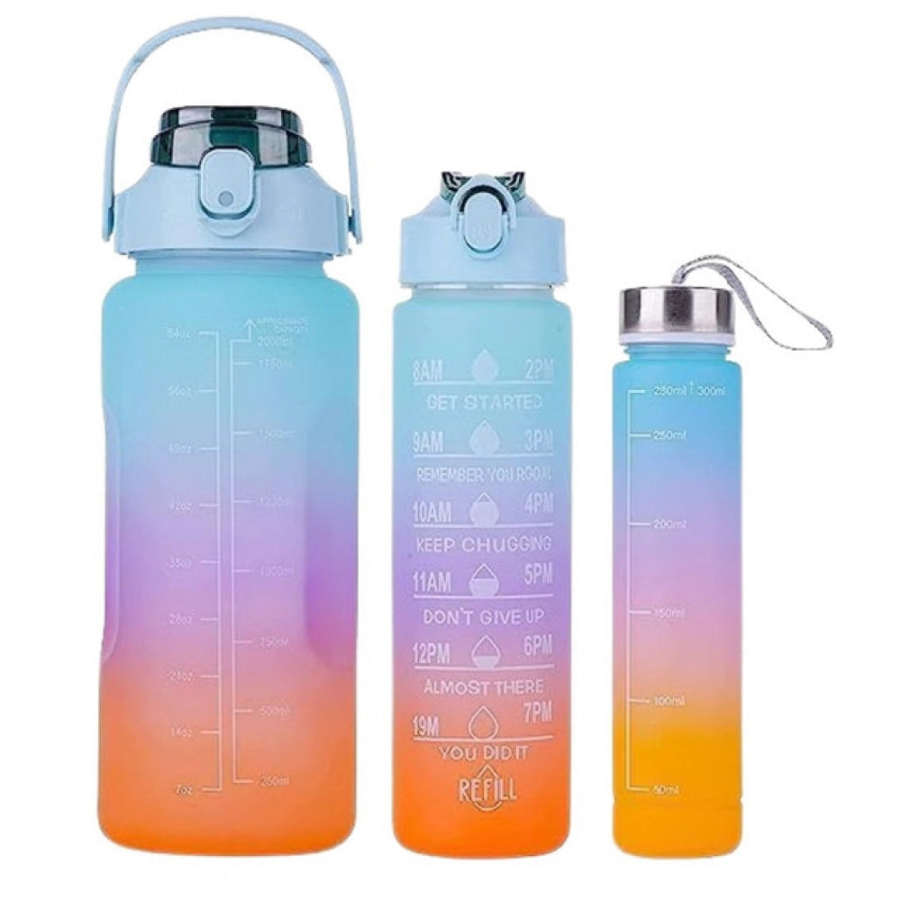 { "alt_text": "Multicolor Tritan gym water bottles set of 3, leakproof hydration tracker with time marker for workout" }