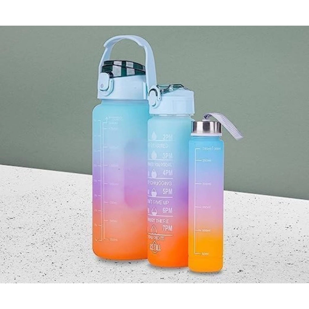 { "alt_text": "Multicolor Tritan gym water bottles set of 3, leakproof hydration tracker with time marker for workout" }