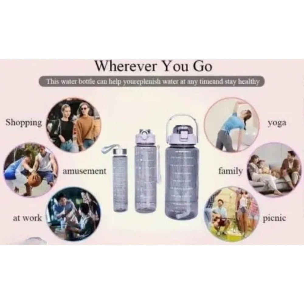 { "alt_text": "Pink BPA-free motivational water bottles set of 3, leakproof hydration tracker for gym fitness lifestyle" }