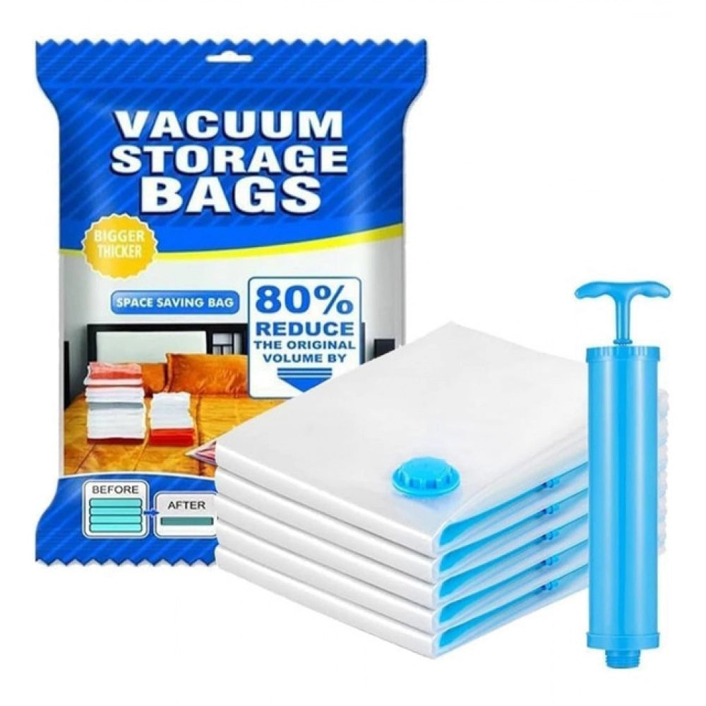 Transparent vacuum storage bag with hand pump for compressing bedding, freeing up storage space. Reinforced material and double-zip seal keeps contents protected from dust, odors, and moisture. Ideal for organization and travel