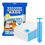 Transparent vacuum storage bag with hand pump for compressing bedding, freeing up storage space. Reinforced material and double-zip seal keeps contents protected from dust, odors, and moisture. Ideal for organization and travel