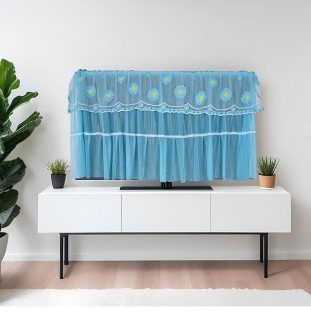Blue seamless hanging TV cover with tempered glass window to protect electronics from dust and scratches