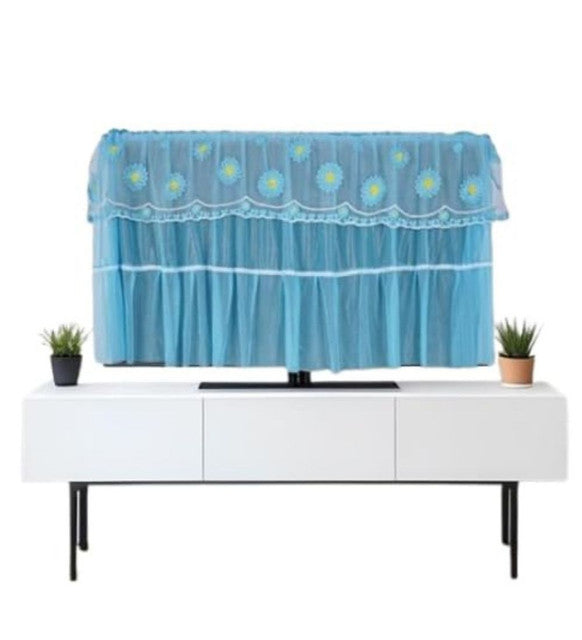 Blue seamless hanging TV cover with tempered glass window to protect electronics from dust and scratches