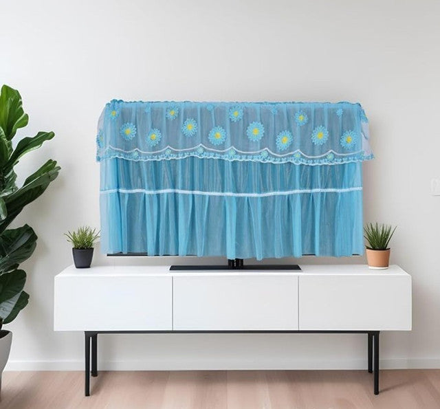 Blue seamless hanging TV cover with tempered glass window to protect electronics from dust and scratches