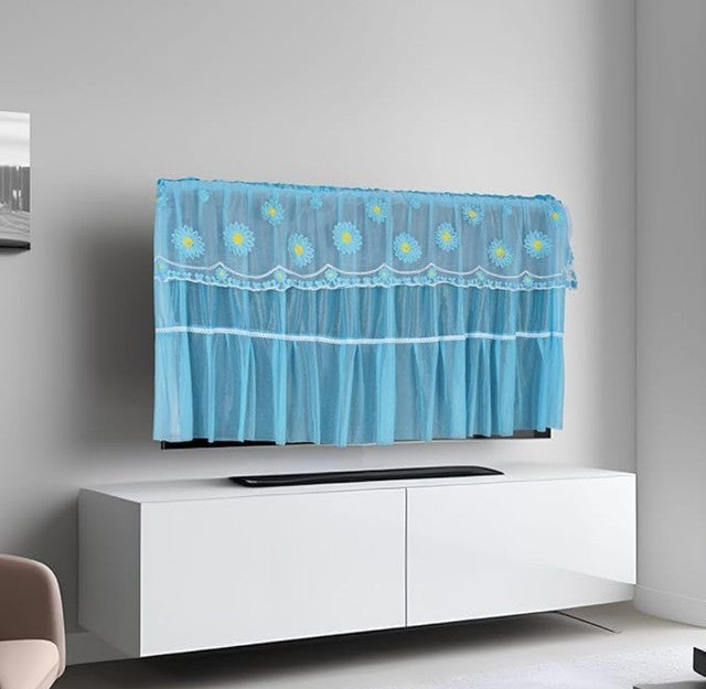 Blue seamless hanging TV cover with tempered glass window to protect electronics from dust and scratches