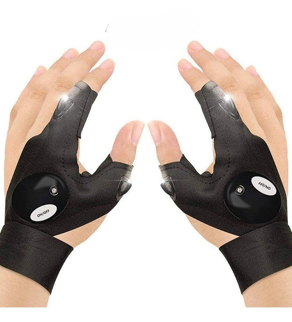 Black polyester LED flashlight gloves with index finger and thumb lights for hands-free outdoor use