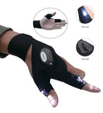 Black polyester LED flashlight gloves with index finger and thumb lights for hands-free outdoor use