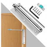 { "alt_text": "Silver stainless steel automatic door closer hinge lock, ideal for bathroom kitchen safety hardware DIY installation" }