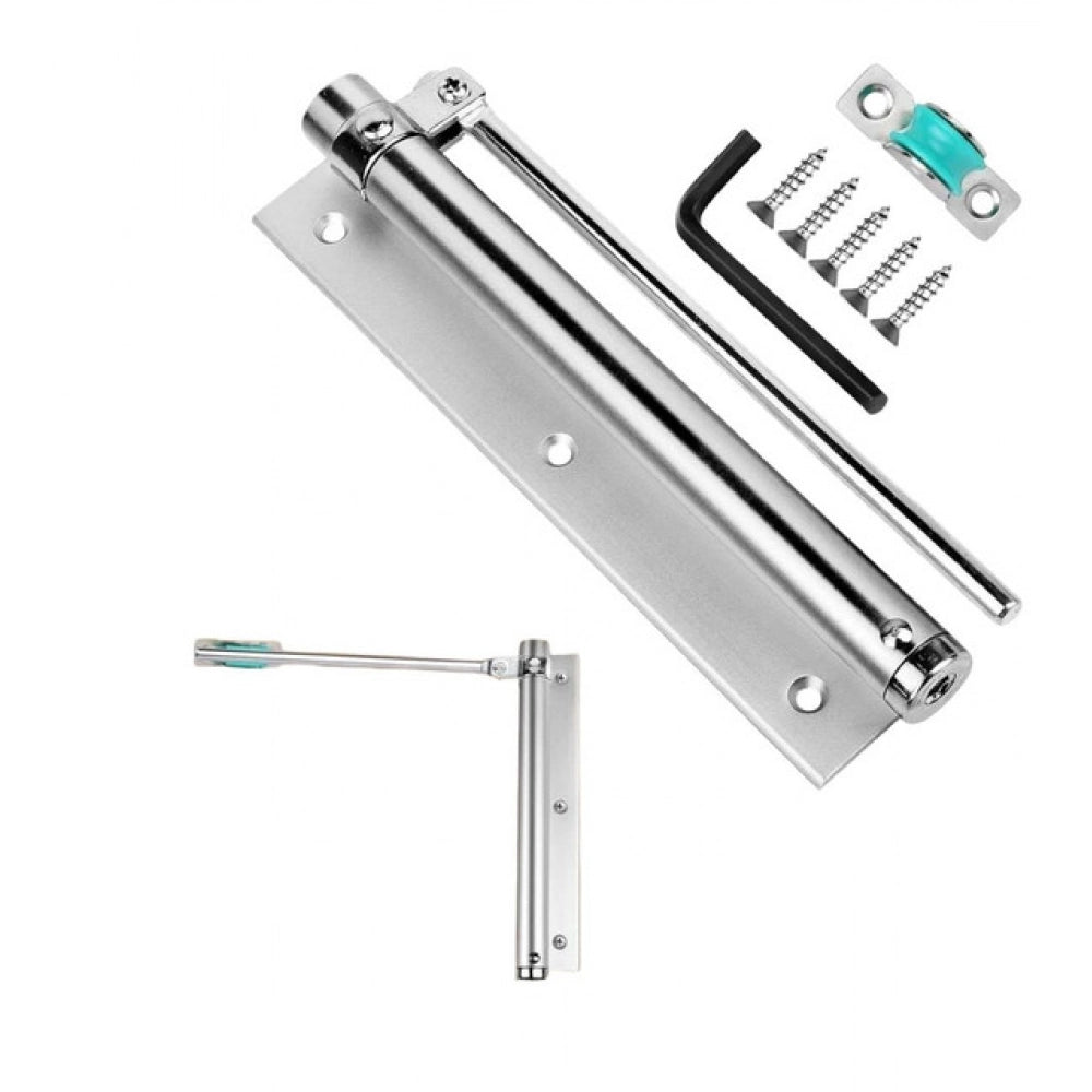 { "alt_text": "Silver stainless steel automatic door closer hinge lock, ideal for bathroom kitchen safety hardware DIY installation" }