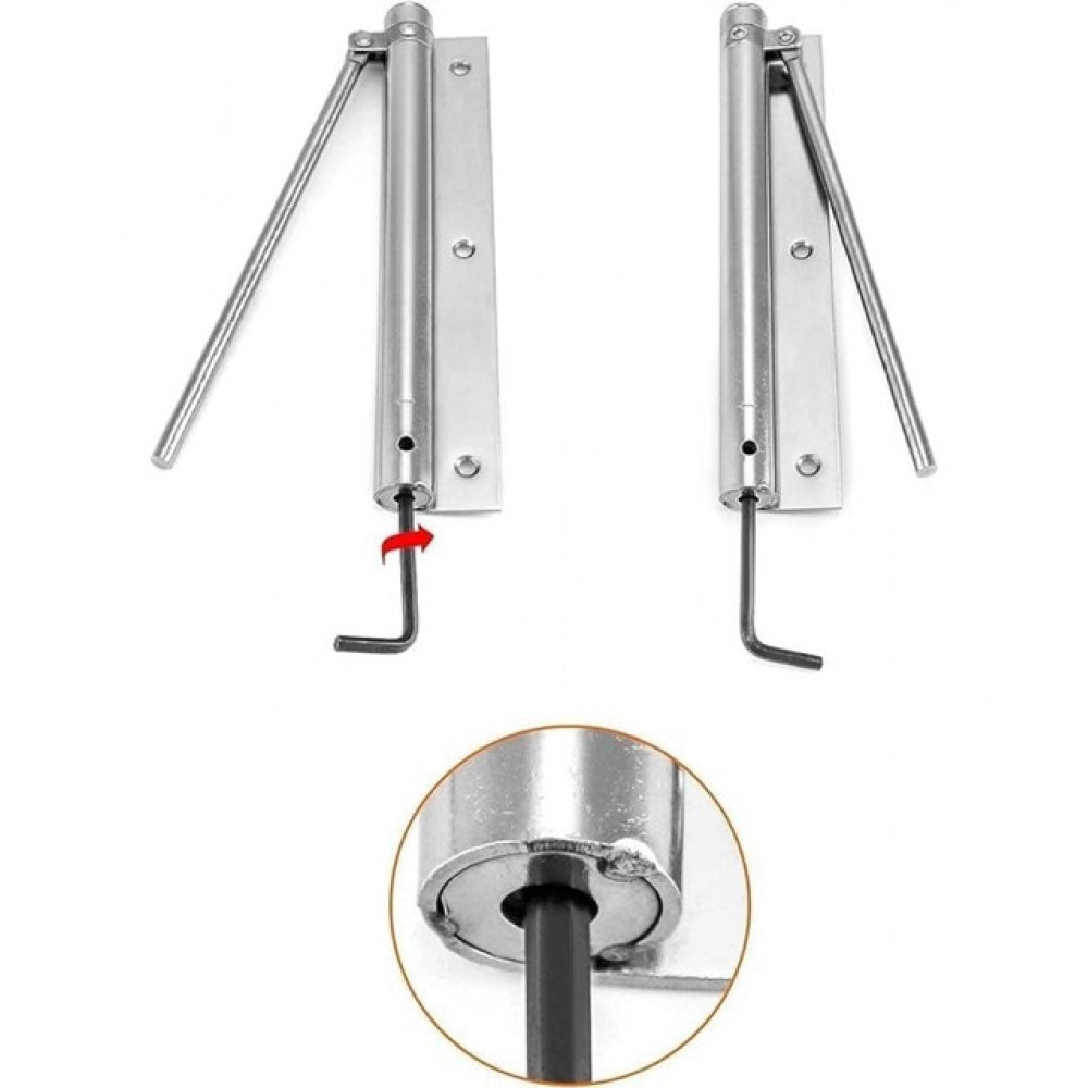 { "alt_text": "Silver stainless steel automatic door closer hinge lock, secure safety hardware for bathrooms and kitchens" }