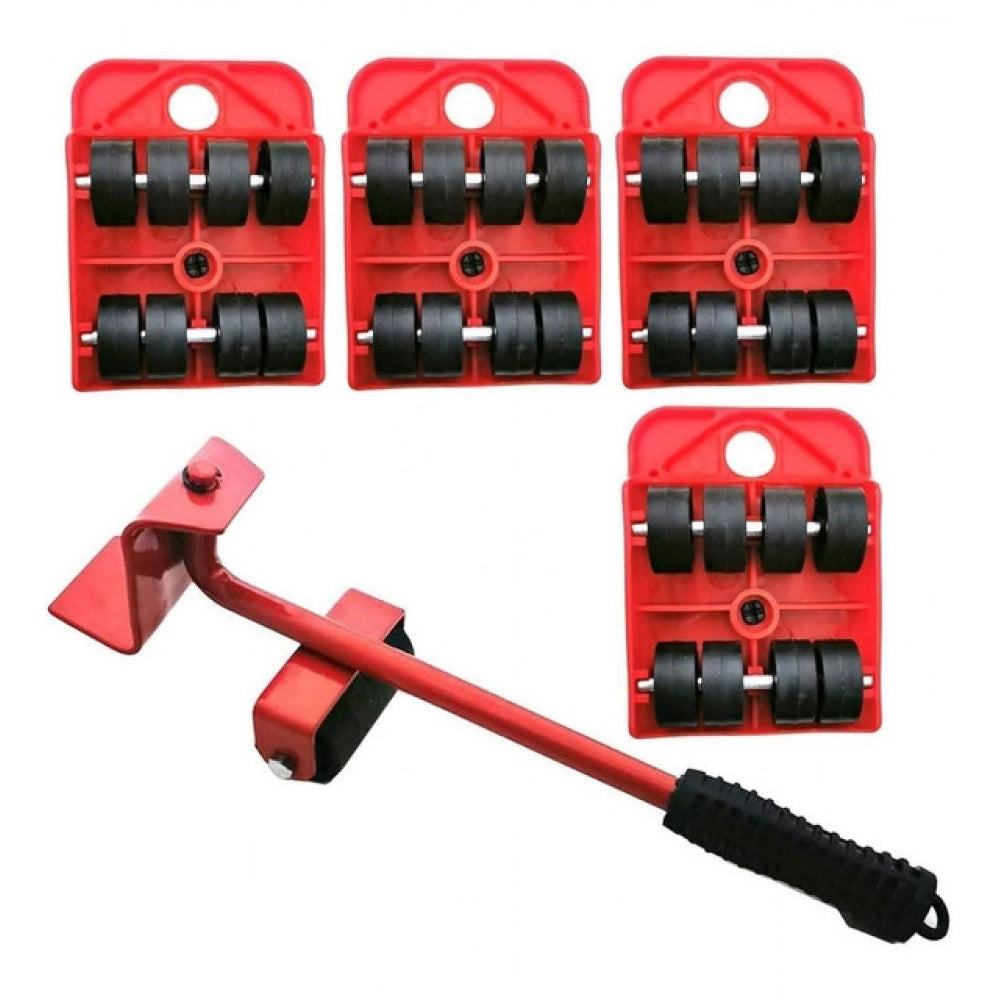 { "alt_text": "Red steel furniture lifting tool for heavy household appliances, durable sofa mover set on floor" }