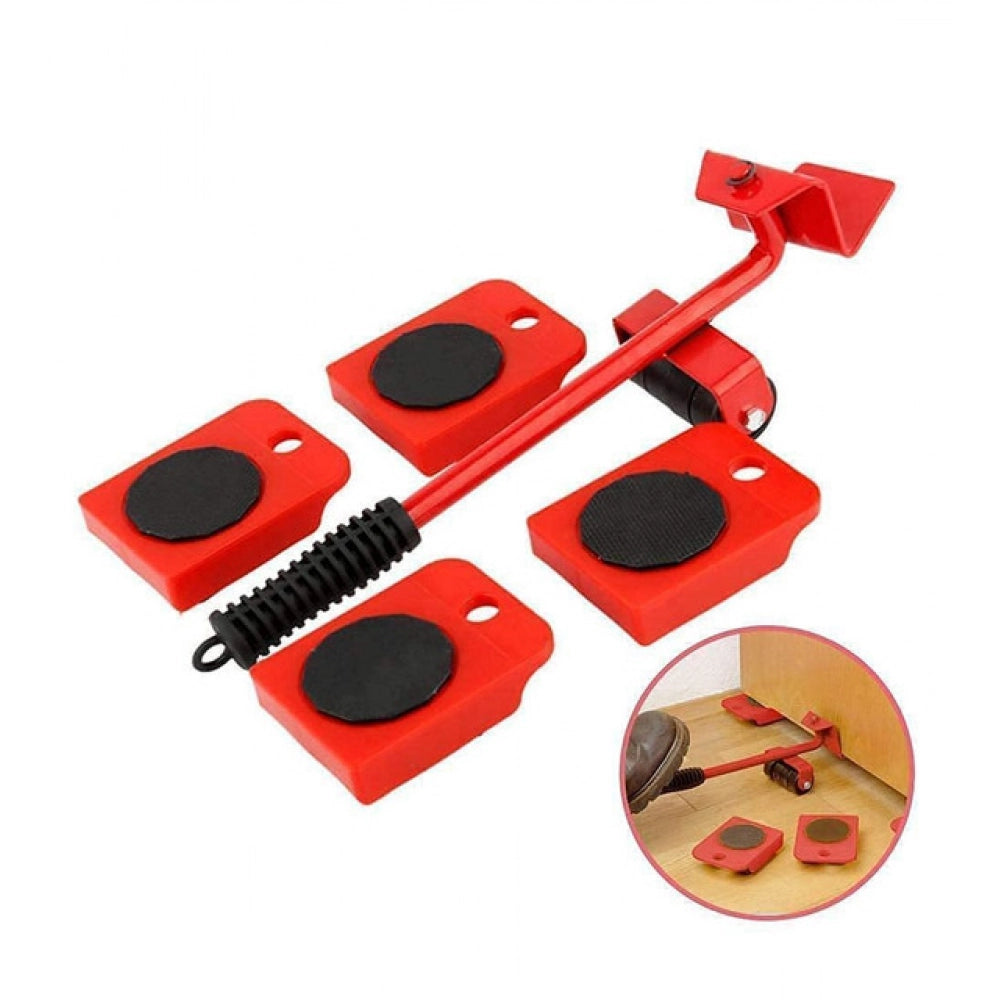 { "alt_text": "Red steel furniture lifting tool for heavy household appliances, durable sofa mover set on floor" }
