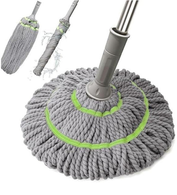 Grey microfiber twist mop for deep cleaning floors, suitable for hardwood, tile, and laminate surfaces