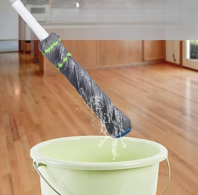 Grey microfiber twist mop for deep cleaning floors, suitable for hardwood, tile, and laminate surfaces