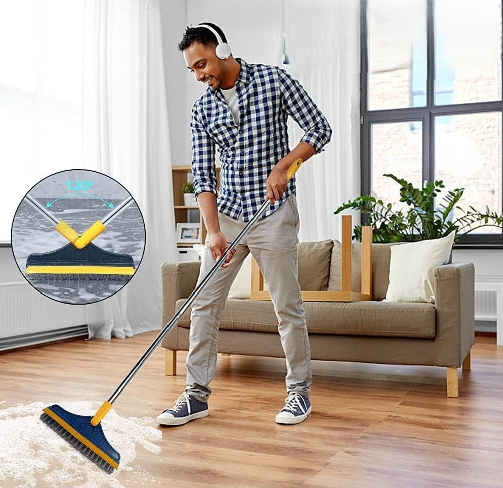 Multicolor 2-in-1 scrubbing brush with hard bristles and wiper for cleaning bathroom and kitchen floors