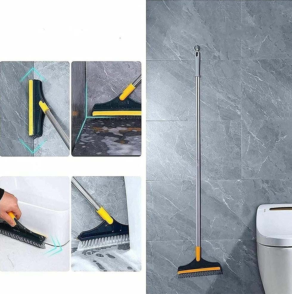 Multicolor 2-in-1 scrubbing brush with hard bristles and wiper for cleaning bathroom and kitchen floors
