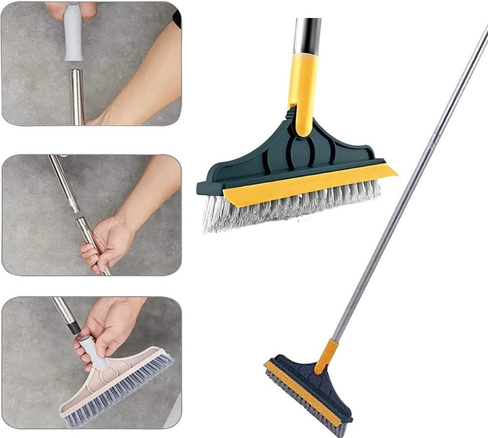 Multicolor 2-in-1 scrubbing brush with hard bristles and wiper for cleaning bathroom and kitchen floors