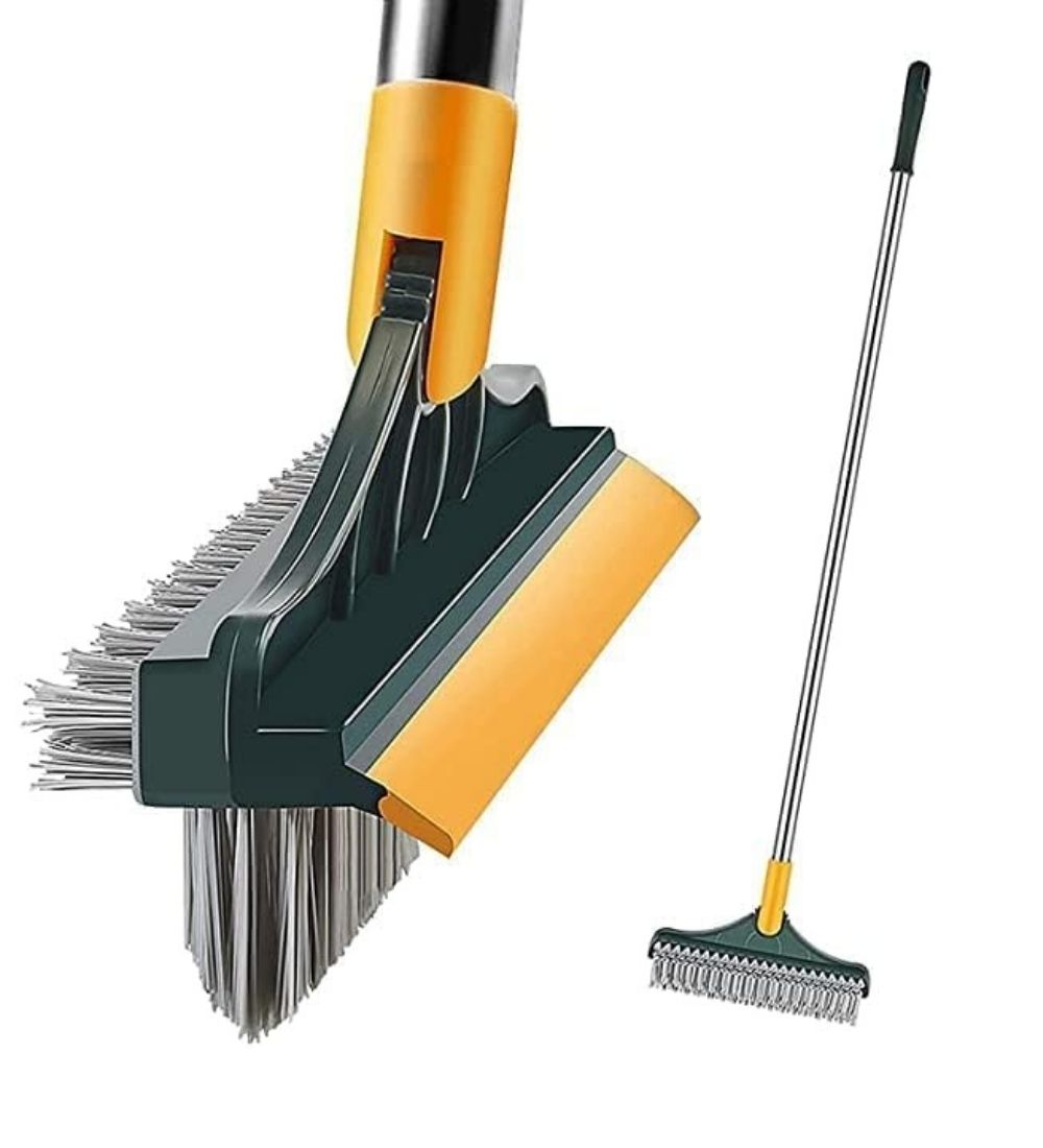 Multicolor 3-in-1 floor brush with stiff bristles, scraper, and adjustable steel rod for deep cleaning tiles and grout