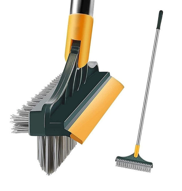 Multicolor 3-in-1 floor brush with stiff bristles, scraper, and adjustable steel rod for deep cleaning tiles and grout