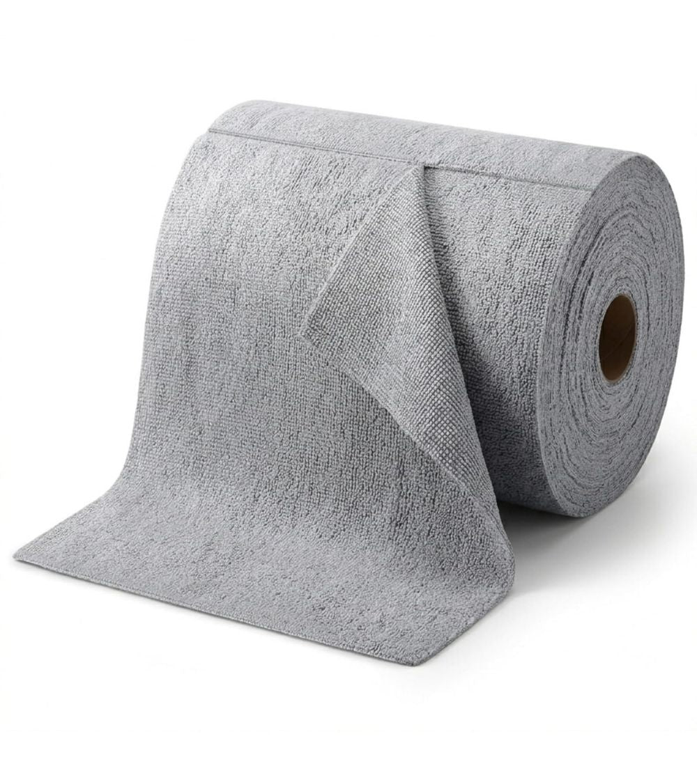 Grey microfiber cleaning cloth roll, highly absorbent reusable towel for kitchen, car, and household cleaning
