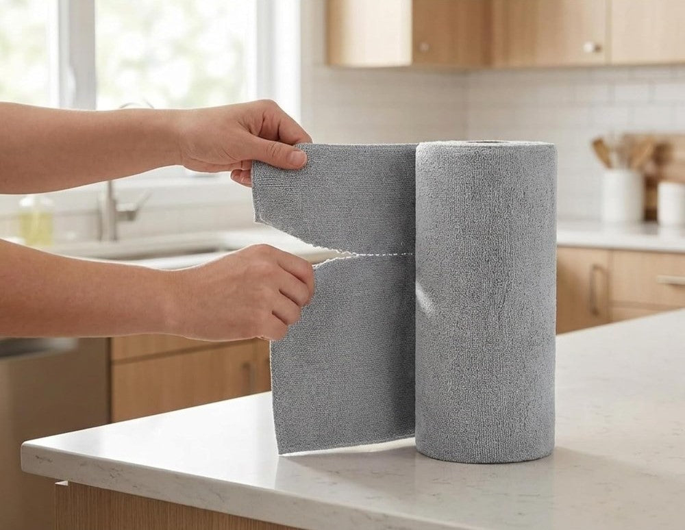 Grey microfiber cleaning cloth roll containing 20 highly absorbent reusable towels for kitchen and home use