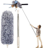 Grey microfiber duster with long adjustable stainless steel rod for cleaning ceilings, fans, and walls