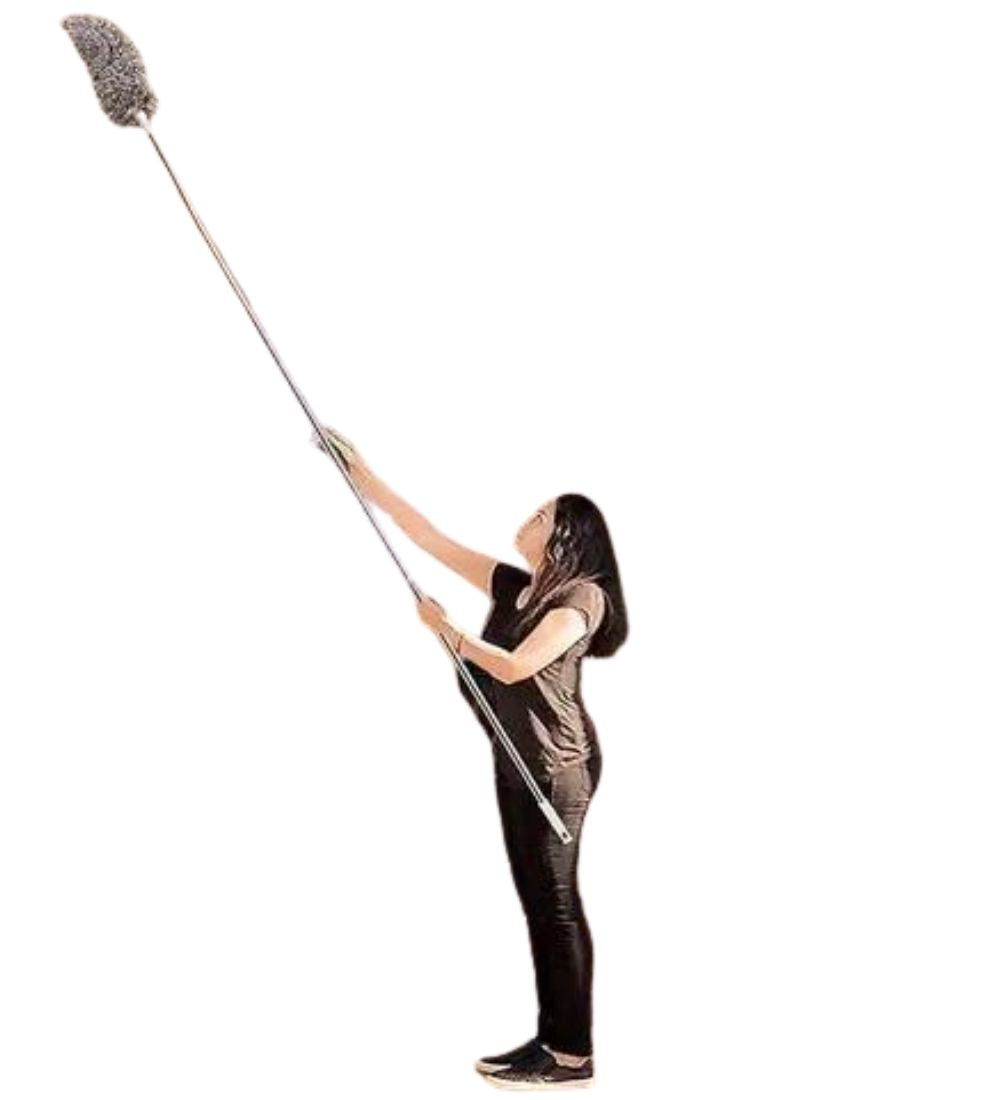 Grey microfiber duster with long adjustable stainless steel rod for cleaning ceilings, fans, and walls