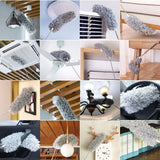 Grey microfiber duster with long adjustable stainless steel rod for cleaning ceilings, fans, and walls