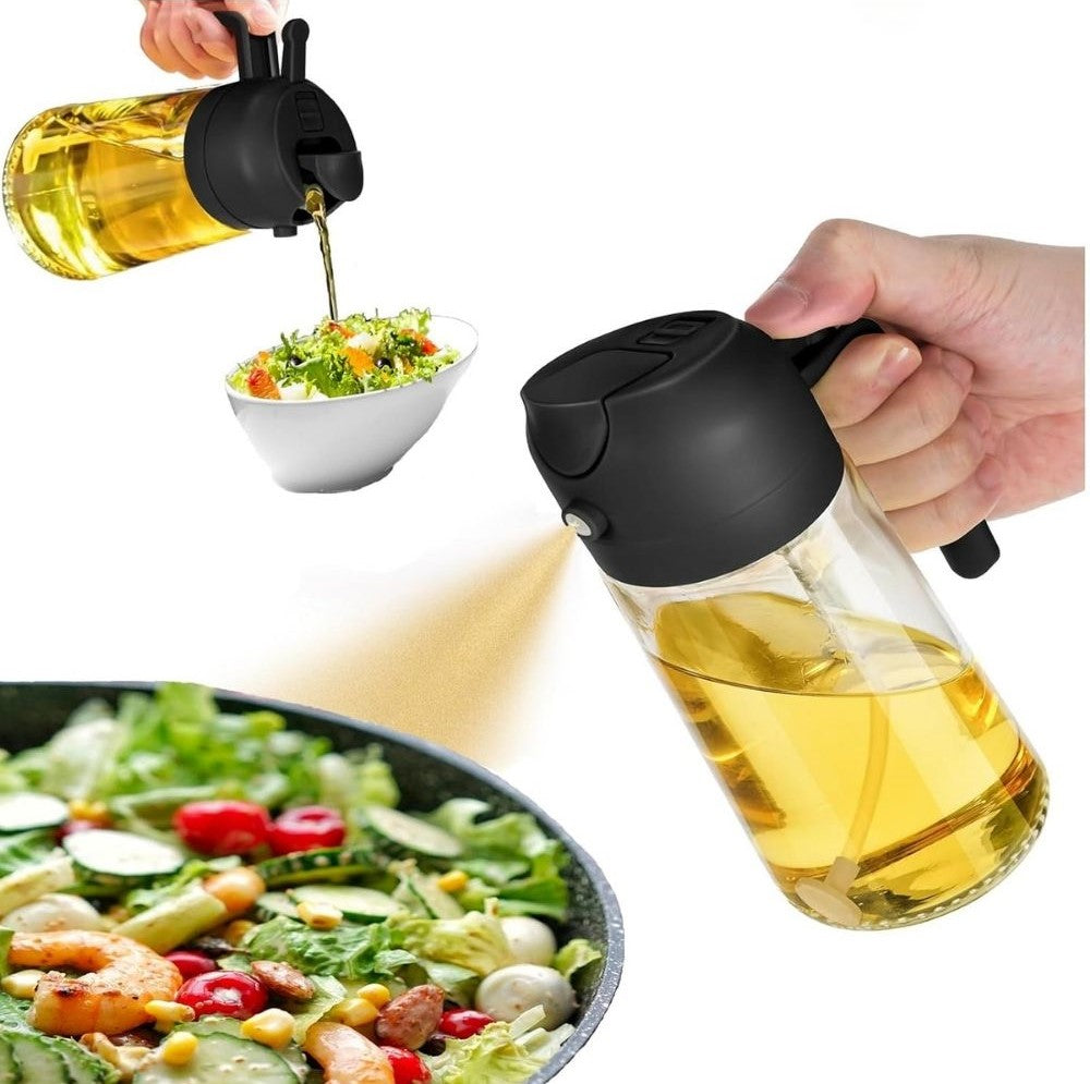 Black 2-in-1 oil dispenser bottle that functions as a spray bottle for cooking oil and liquids