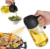 Black 2-in-1 oil dispenser bottle that functions as a spray bottle for cooking oil and liquids