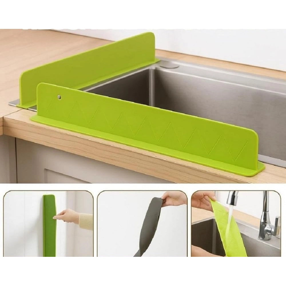 { "alt_text": "Multicolor silicone sink splash guard for kitchen counter, waterproof anti-splash protection, suction cup drain cover" }