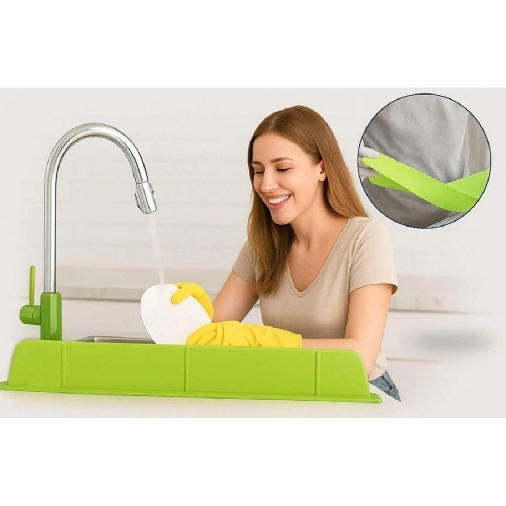 { "alt_text": "Multicolor silicone sink splash guard for kitchen counter, waterproof anti-splash protection, suction cup drain cover" }
