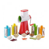 { "alt_text": "Multicolor stainless steel rotary cutter, 4 in 1 vegetable slicer kit with shredding and grating drums for kitchen prep" }