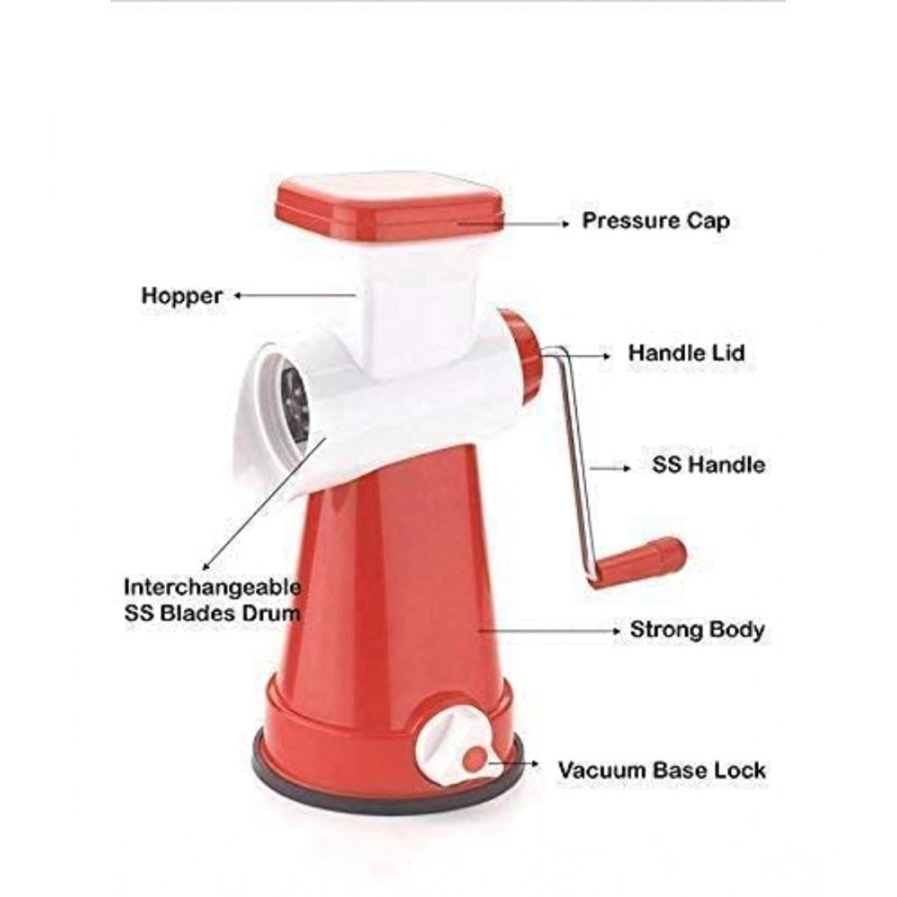 { "alt_text": "Multicolor stainless steel rotary cutter, 4 in 1 vegetable slicer kit with shredding and grating drums for kitchen prep" }