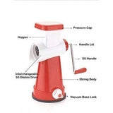 { "alt_text": "Multicolor stainless steel rotary cutter, 4 in 1 vegetable slicer kit with shredding and grating drums for kitchen prep" }