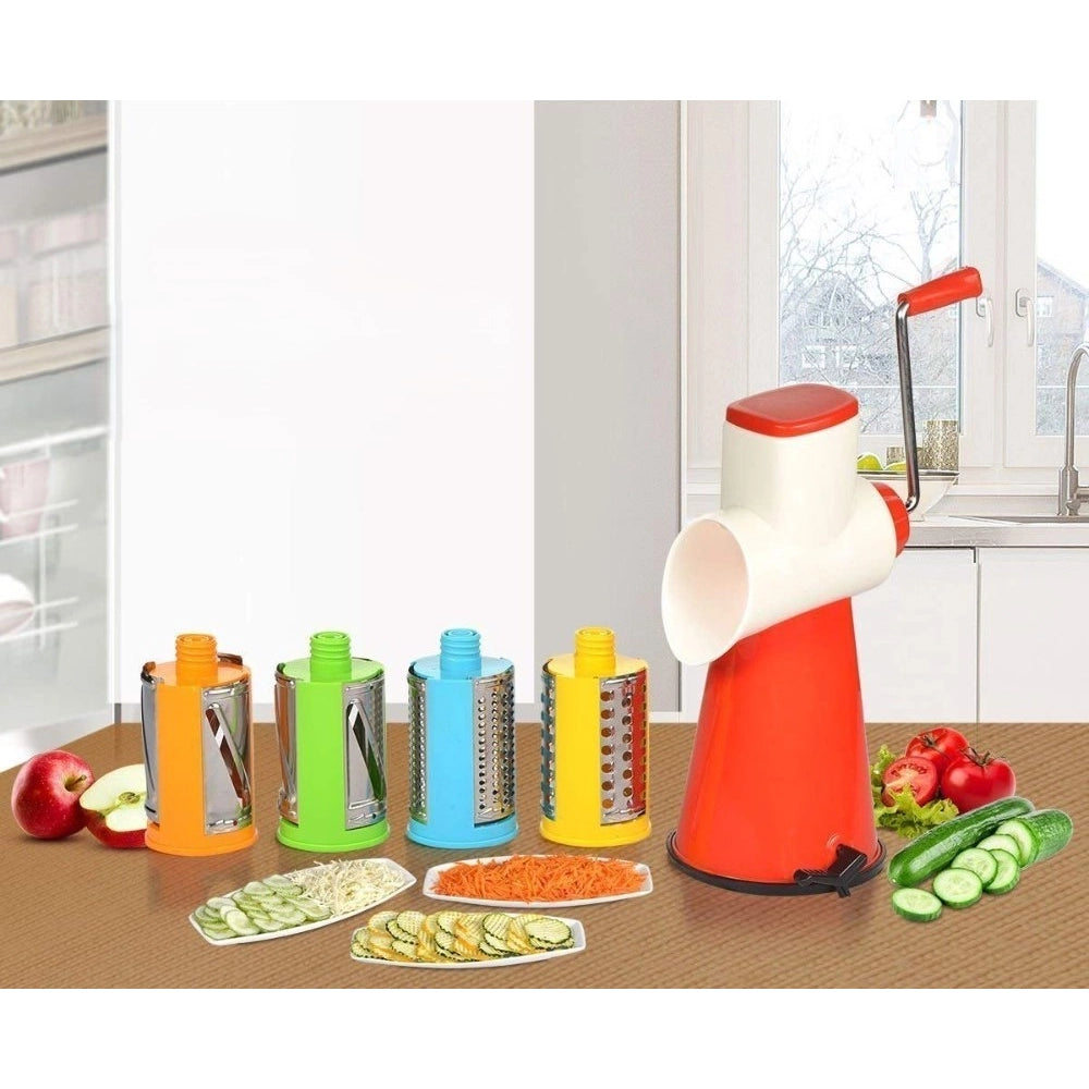 { "alt_text": "Multicolor stainless steel rotary cutter, 4 in 1 vegetable slicer kit with shredding and grating drums for kitchen prep" }