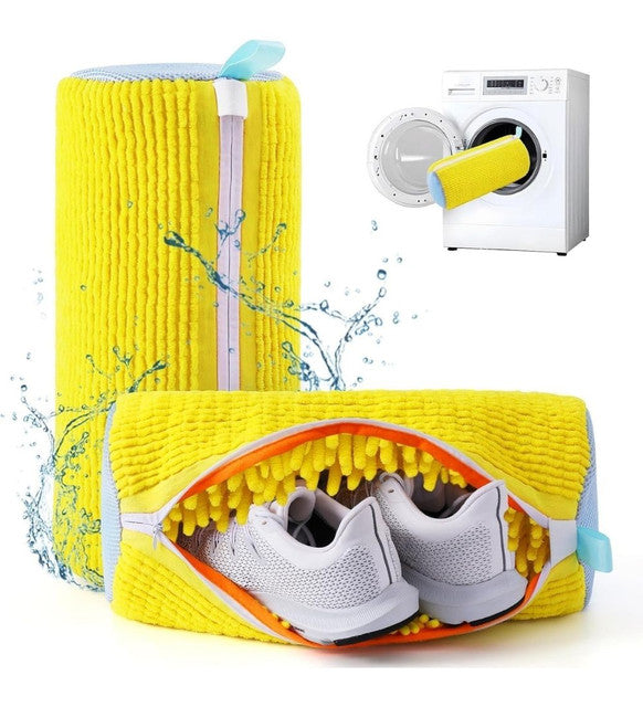 Yellow laundry shoe washing bag designed for use in washing machines and dryers, protecting shoes and machine.